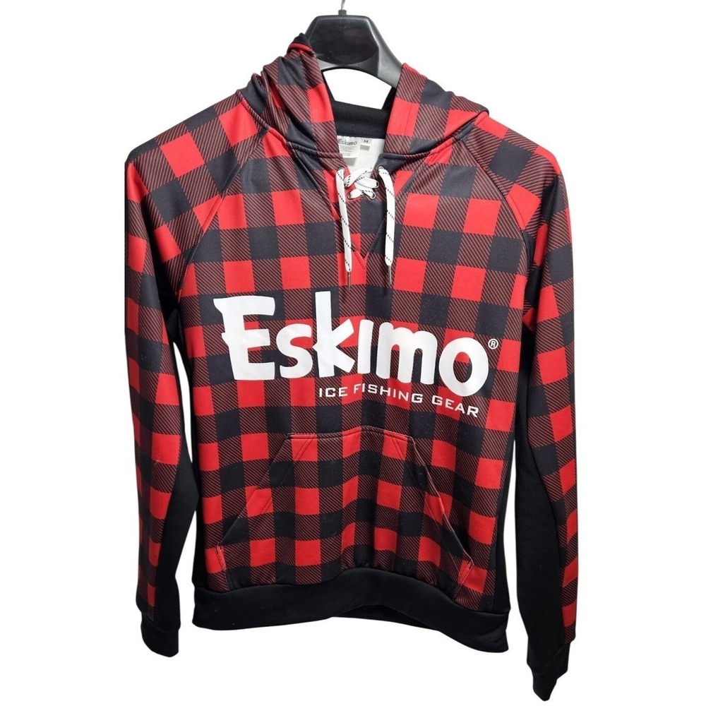 Eskimo Ice Fishing Gear Hooded Sweatshirt Red Black Buffalo Plaid Lace Up Size M
